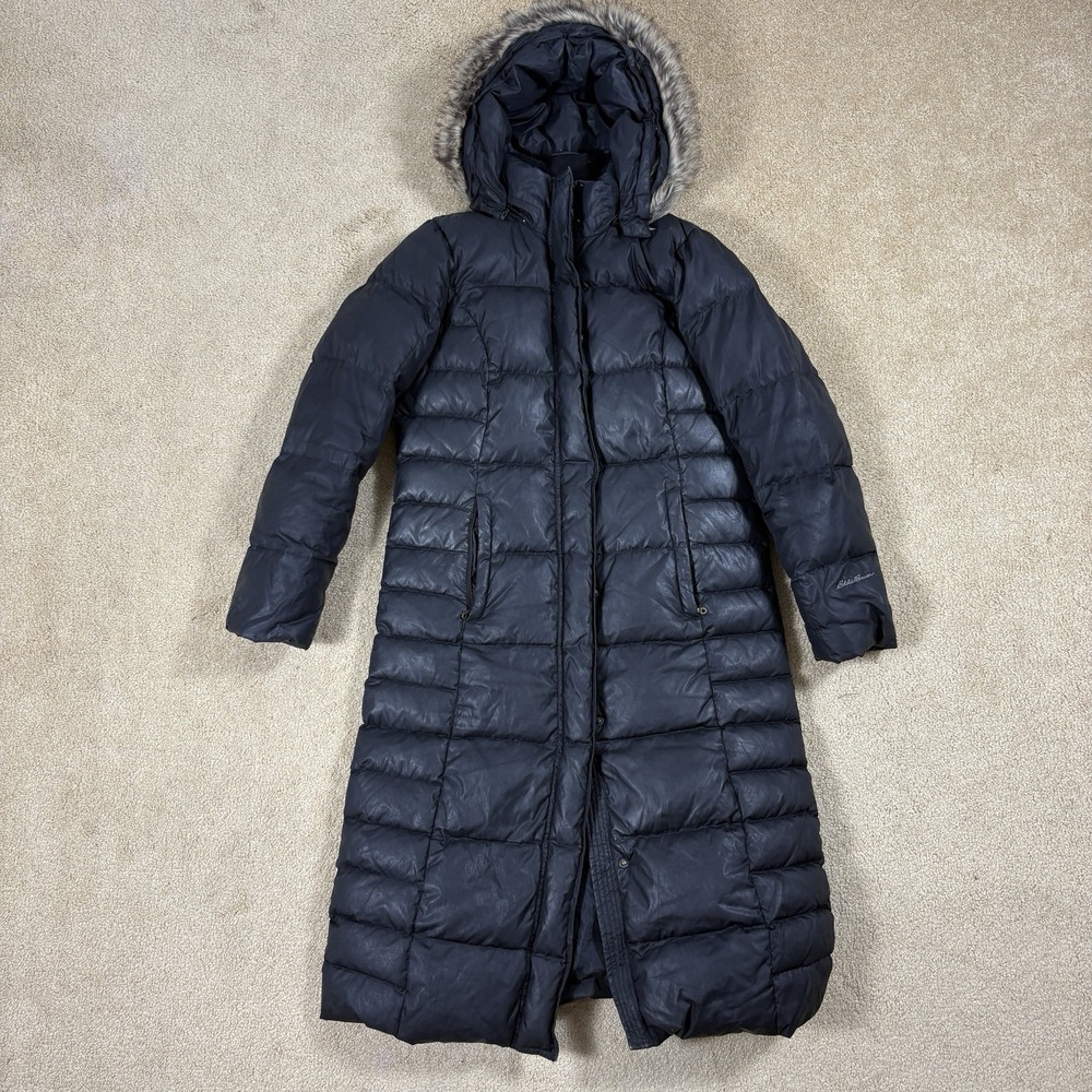 Eddie Bauer Goose Down Parka Jacket Fur Trim Hood Womens Medium Black EB 650